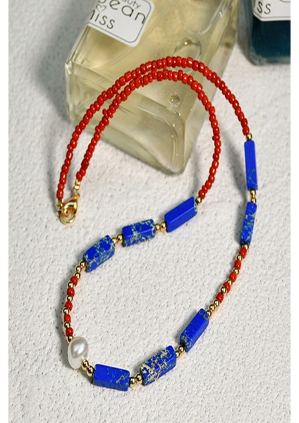 Sertifikalı Lapis Lazuli + Kırmızı Akik + Inci Doğal Taş Kolye