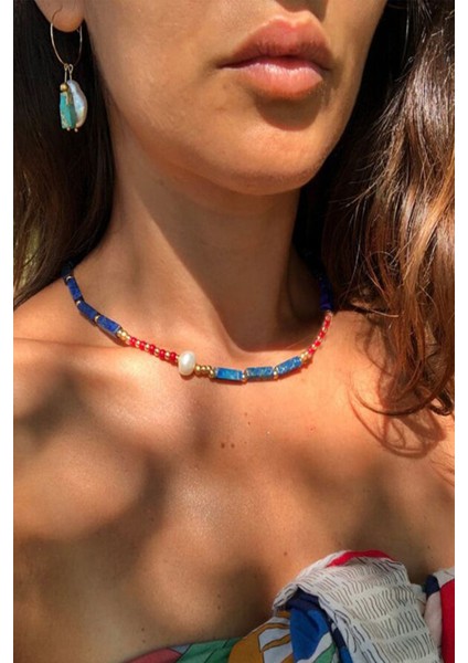 Sertifikalı Lapis Lazuli + Kırmızı Akik + Inci Doğal Taş Kolye fiyatları