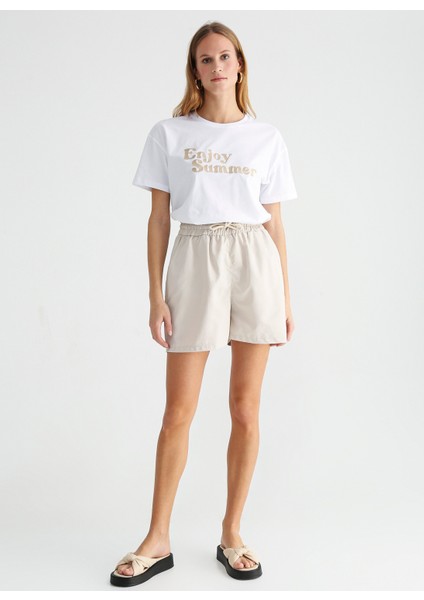 Lastikli Bel Geniş Fit Açık Bej Kadın Şort ORGI