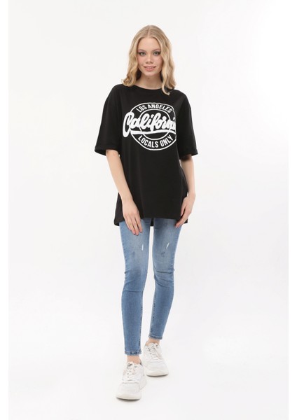 Kadın Bisiklet Yaka Dijital Baskılı Siyah Renk T-Shirt