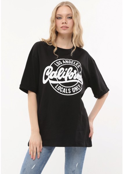 Kadın Bisiklet Yaka Dijital Baskılı Siyah Renk T-Shirt