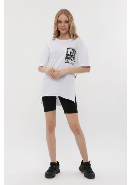 Kadın Bisiklet Yaka Dijital Baskılı Beyaz Renk T-Shir