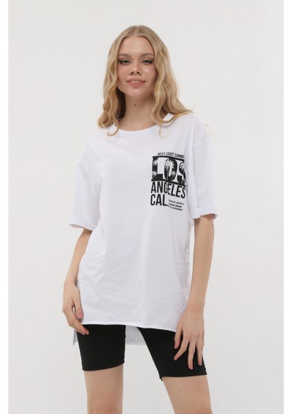 Kadın Bisiklet Yaka Dijital Baskılı Beyaz Renk T-Shir modelleri