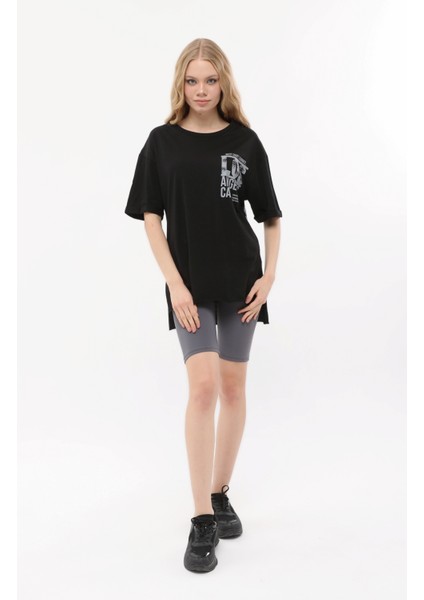 Kadın Bisiklet Yaka Dijital Baskılı Siyah Renk T-Shirt