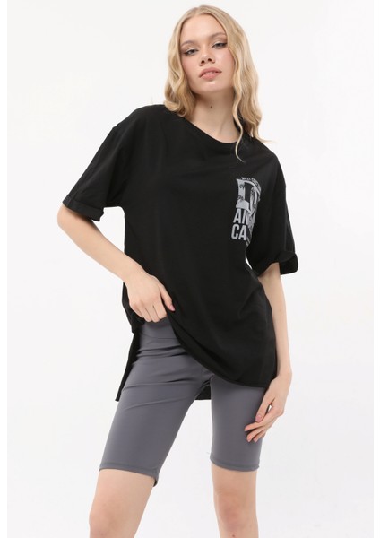 Kadın Bisiklet Yaka Dijital Baskılı Siyah Renk T-Shirt fırsatları