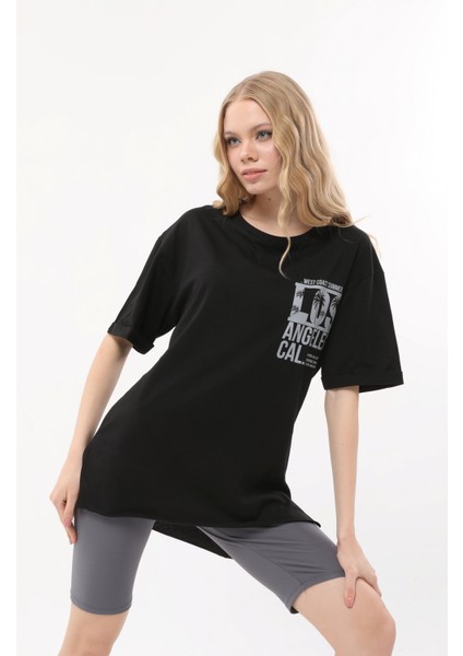 Kadın Bisiklet Yaka Dijital Baskılı Siyah Renk T-Shirt indirimleri