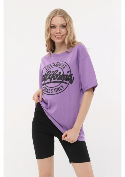 Kadın Bisiklet Yaka Dijital Baskılı Mor Renk T-Shirt fiyatları