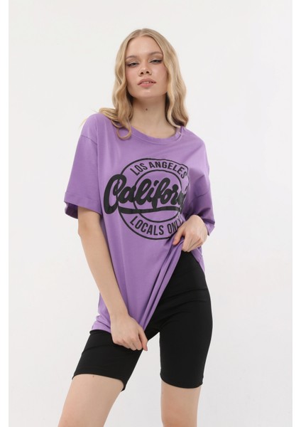 Kadın Bisiklet Yaka Dijital Baskılı Mor Renk T-Shirt modelleri