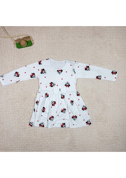 Minnie Mouse Baskılı Uzun Kollu Pamuklu Elbise