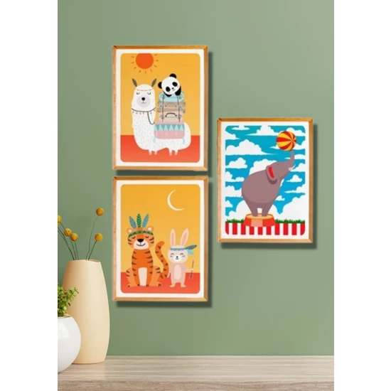 Nt Handmade 3 Parça Ahşap Çerçeve Görünümlü Çocuk Odası Renkli Hayvanlar - Salon Yatak Odası Mutfak Için Tablo Seti