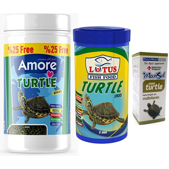 Amore Turtle Green Sticks 125 ml + Lotus 100 ml Su Kaplumbağası Yemi ve Vitamin Seti