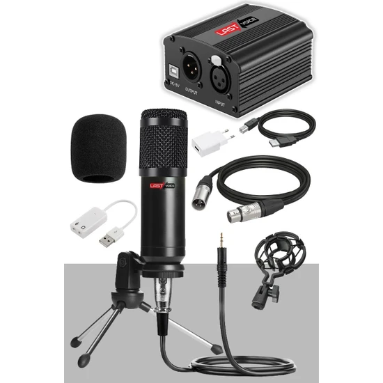 Lastvoice BM800 Full Black Mikrofon + Phantom Power + Mini Tripod + 7.1