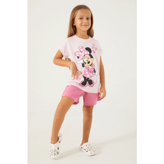 Minnie Mouse Pink Hearts Açık Pembe Kız Çocuk Şort Takım