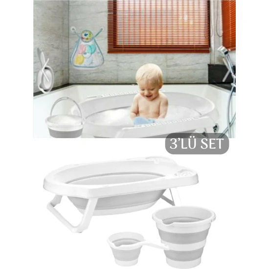 3'lü Set Katlanır Bebek Banyo Seti - Katlanabilir Bebek Küveti Su Kovası Maşrapa Seti Gri