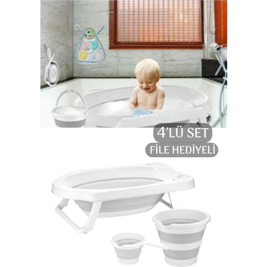 4'lü Katlanır Bebek Banyo Seti - Katlanabilir Bebek Küveti Su Kovası Maşrapa Seti File Hediyeli Gri