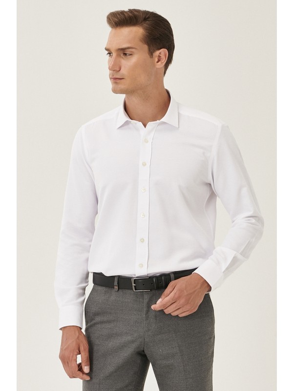 AC&Co / Altınyıldız Classics Erkek Beyaz Kolay Ütülenebilir Slim Fit Dar Kesim Klasik Yaka Armürlü Gömlek