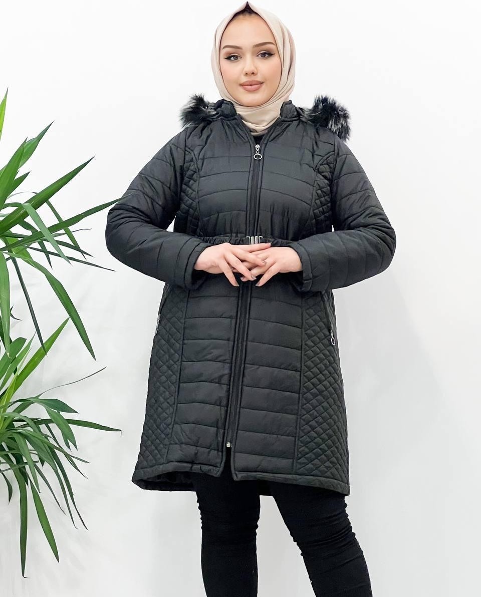 Glr & Gym Sonay Kadın Büyük Beden Kapitone Kapuşonlu Araboy Kışlık Mont