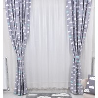 Odeon Gri Mint Bulutlu Çocuk Odası Fon Perde 2 Kanat 75 x 250 cm
