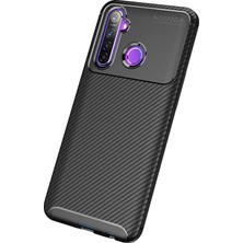 Case 4U Realme 5i Kılıf Rugged Armor Karbon Desenli Lüx Negro Silikon Arka Kapak + Cam Ekran Koruyucu Lacivert