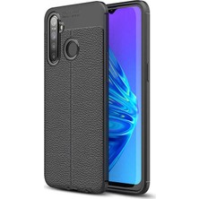 Case 4U Realme 5i Kılıf Rugan Armor Deri Görünümlü Yüksek Kalite Silikon Niss + Cam Ekran Koruyucu Siyah