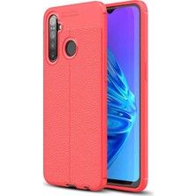 Case 4U Realme 5i Kılıf Rugan Armor Deri Görünümlü Yüksek Kalite Silikon Niss + Cam Ekran Koruyucu Kırmızı