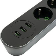 MF Product Jettpower 0366 Akım Korumalı 3 USB'li 3'lü Grup Priz 2 m Uzatma Kablosu Siyah