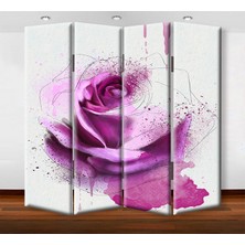 DEKOBUL Pembe Gül 4 Kanat Kanvas Tekerlekli Paravan