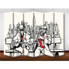 DEKOBUL Bankta Müzisyenler 6 Kanat Tekerlekli Kanvas Paravan