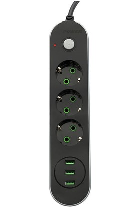 MF Product Jettpower 0366 Akım Korumalı 3 USB'li 3'lü Grup Priz 2 m Uzatma Kablosu Siyah