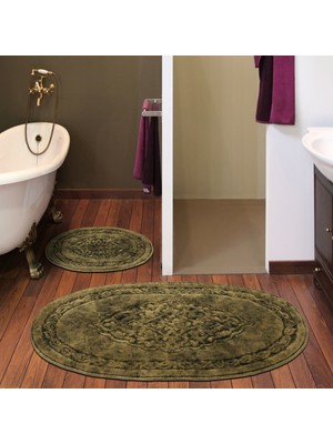 Alanur Home Damaks Oval Cotton Eskitme 2'li Paspas Seti Klozet Takımı Kahve