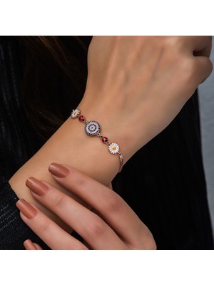 Papatya Silver Nazargöz Papatya Uğur Böceği Renkli Mineli Gümüş Bileklik