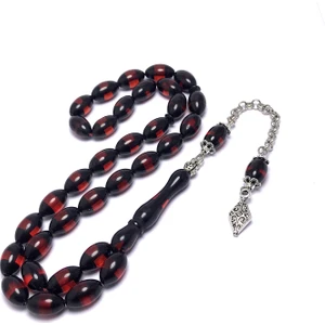 Midyat Nurtaş Gümüş Kırmızı Siyah Sürmeli Arpa Kesim Toz Kehribar Tesbih