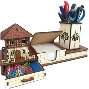 Plaket Home Kişiye Özel Ahşap Masaüstü Kalemlik Seti (Kalemlik, Ataçlık, Notluk)