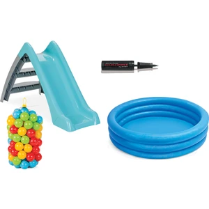 Kaydıraklı Oyun Seti (Mavi Havuz / 6 cm 100'lü Oyun Havuz Topu / Pompa / Mavi Kaydırak)