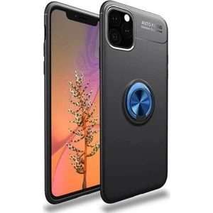Apple iPhone 11 Kılıf Yüzüklü Standlı Metal Araç Tutuculu Ravel Silikon Siyah Mavi