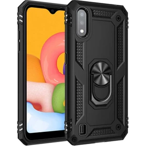 Samsung Galaxy A01 Kılıf Vega Standlı Yüzüklü Mıknatıslı+Nano Glass Siyah