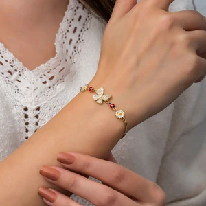 Papatya Silver Kelebek Papatya Uğur Böceği Mineli Rodyum Kaplama Gümüş Bileklik