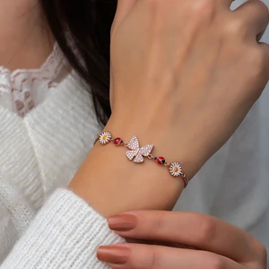 Papatya Silver Kelebek Papatya Uğur Böceği Mineli Rodyum Kaplama Gümüş Bileklik