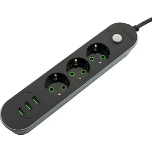 MF Product Jettpower 0366 Akım Korumalı 3 USB'li 3'lü Grup Priz 2 m Uzatma Kablosu Siyah