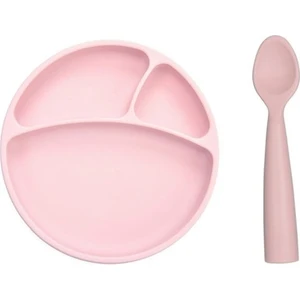 Vakum Tabanlı Silikon Tabak + Kaşık Set - Pembe