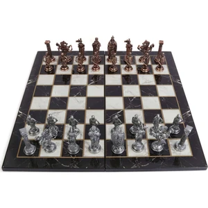 Gift Home 5 No. İngiliz Antik Bakır Satranç Taşları ve Katlanır Mermer Desenli Mdf Ahşap Satranç Tahtası 43 x 43 cm