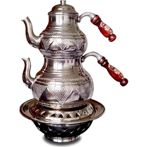 Kardeşler Bakır Gaziantep El Yapımı Üzüm Işlemeli Ocaklı Bakır Çaydanlık Takımı