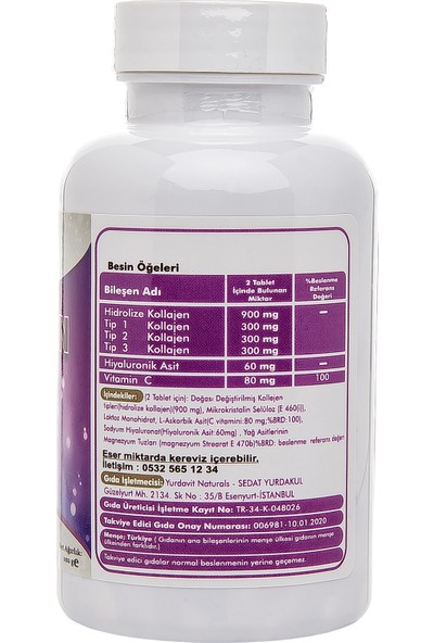 Yurdavit Hidrolize Collagen (Kolajen) Type (Tip) 1-2-3 Hyaluronic Acid Vitamin C 2 Adet 100 Tablet