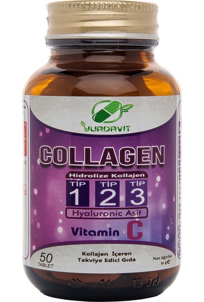 Yurdavit Hidrolize Collagen (Kolajen) Type (Tip) 1-2-3 Hyaluronic Acid Vitamin C 3 Adet 50 Tablet