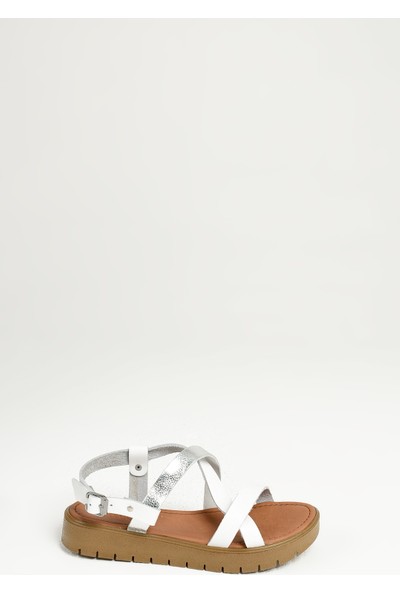 Uniquer Kadın Deri Sandalet 101354U 334 Beyaz-Gümüş
