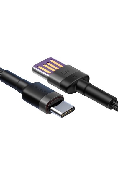 Baseus Cafule Hw USB To Type C 40W Süper Hızlı Şarj USB Kablo Halat Kablo Gri USB Girişi Çift Taraflı Kullanım İçin Tasarımlı CATKLF-PG1