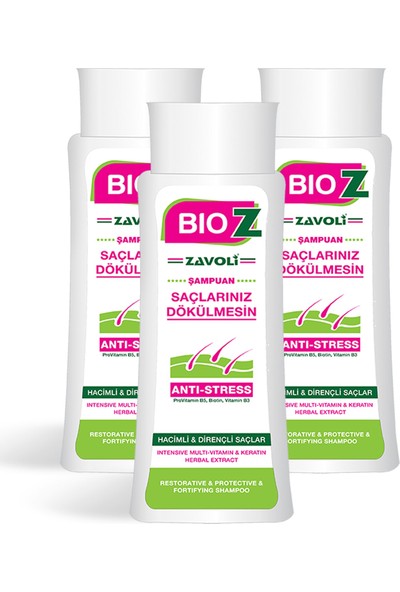 Bioz Saç Dökülmesine Karşı Dirençli Saçlar için Anti Stess Şampuanı 400 Ml 3'lü Paket