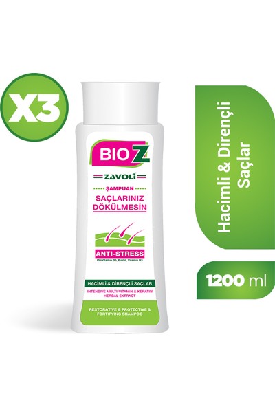 Bioz Saç Dökülmesine Karşı Dirençli Saçlar için Anti Stess Şampuanı 400 Ml 3'lü Paket
