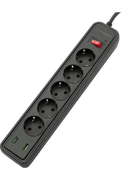 MF Product Jettpower 0368 Akım Korumalı 2 USB'li 5'li Grup Priz 1.8 m Uzatma Kablosu Siyah