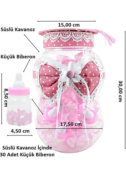 Süslü Büyük Kavanoz ve Biberon Seti, 30 Adet, Pembe